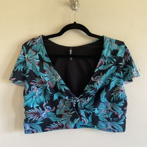 Disney Vneck Knot Cutout Stitch Hawaiian Tropical Palm Crop Top Swim Shirt 2 - Picture 1 of 8